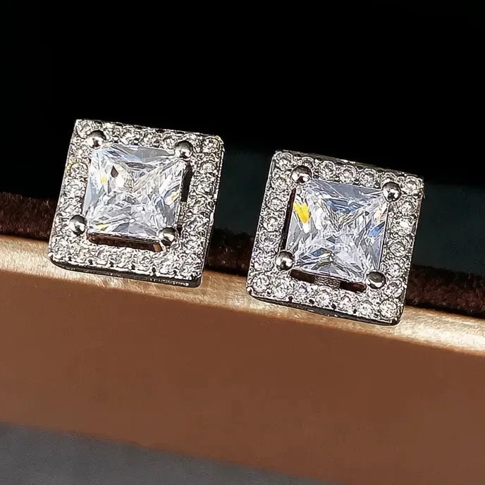Vintage Princess Cut Cubic Zirconia Stud Earrings Silver Tone Geometric Women Jewelry