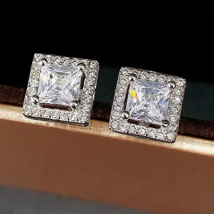 Vintage Geometric Princess Cut CZ Stud Earrings Silver Copper Alloy Women