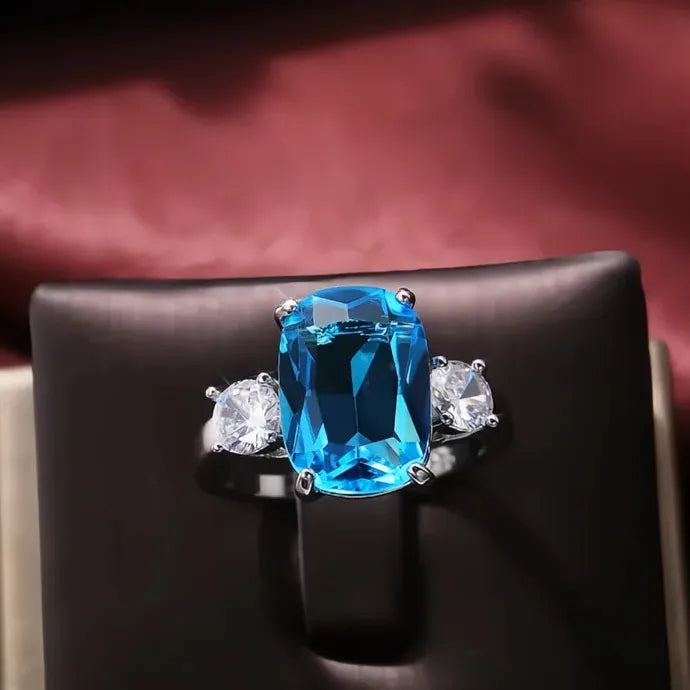 Bright Sky Blue Cubic Zirconia Geometric Brass Women’s Luxury Party Ring