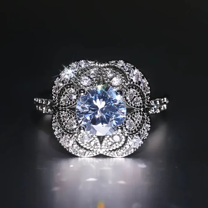 Elegant Geometric White Cubic Zirconia Wedding Ring for Women Silver Tone