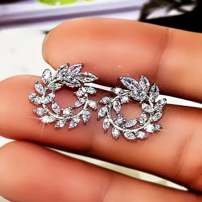 Olive Branch Leaf Stud Earrings for Women Copper Alloy Cubic Zirconia Wedding Jewelry
