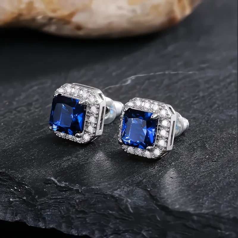 Rectangle Square Green Cubic Zirconia Stud Earrings for Women Elegant Party Anniversary Gift