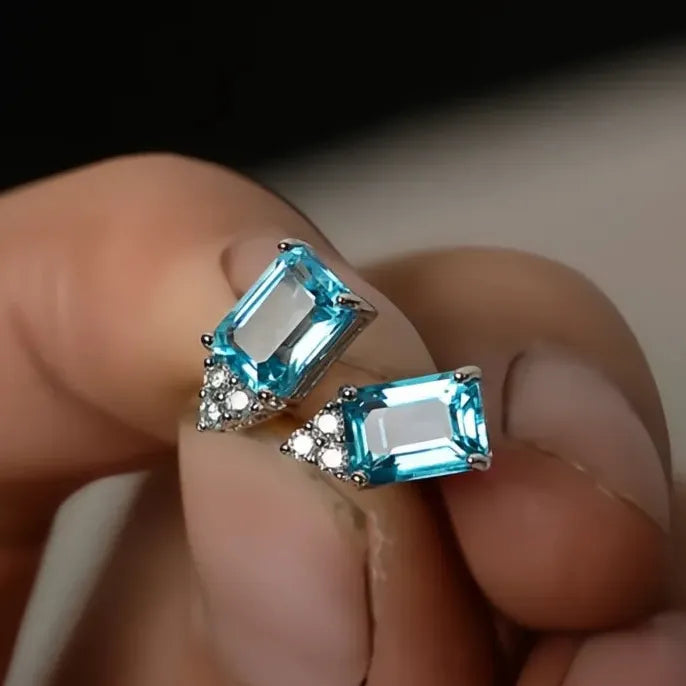 Light Blue Cubic Zirconia Geometric Silver Stud Earrings for Women