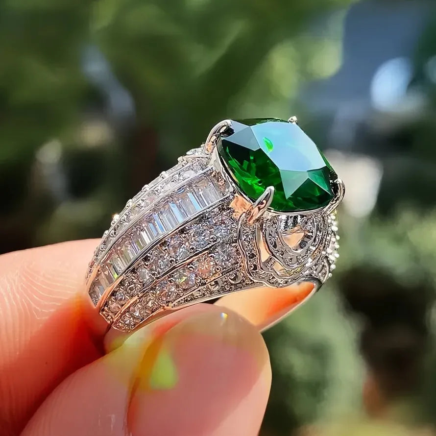 Square Green Stone Women Wedding Ring Micro Paved CZ Brass Engagement Jewelry