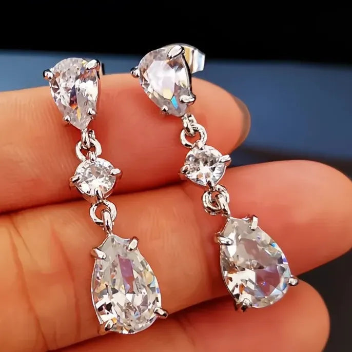 Silver Water Drop Dangle Earrings with Cubic Zirconia Bridal Jewelry Luxury