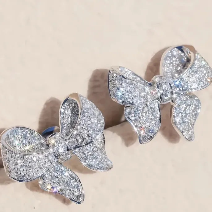 Romantic Bowknot Women Stud Earrings Cubic Zirconia Crystal Delicate Fashion Jewelry