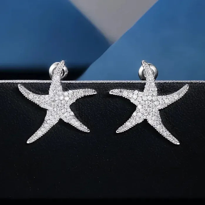 Starfish Geometric Brass Stud Earrings with Cubic Zirconia for Women