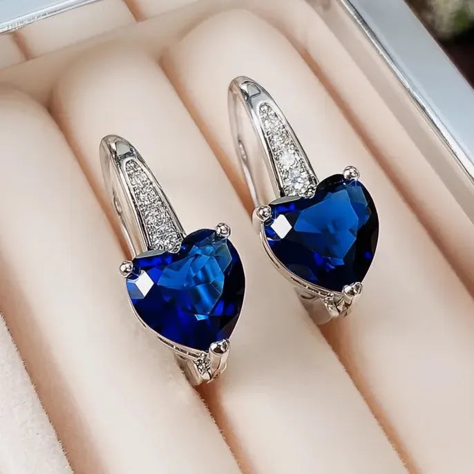 Blue Cubic Zirconia Heart Drop Earrings for Women Simple Elegant Wedding Jewelry Gift