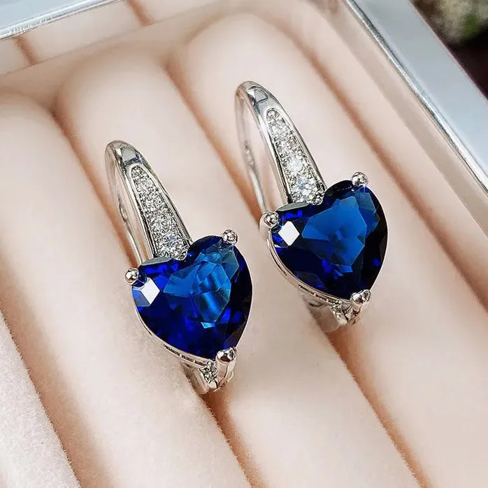 Silver Color Blue CZ Heart Earrings for Women Wedding Fashion Jewelry Gift