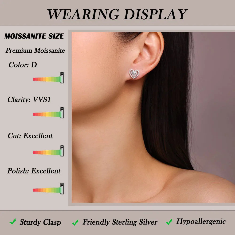 1.248CTW Heart Shaped Moissanite Stud Earrings 925 Silver Halo Gift Women