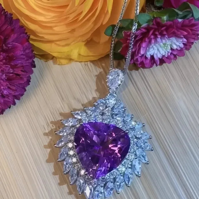 Elegant Purple CZ Heart Pendant Necklace for Women Party Jewelry Gift