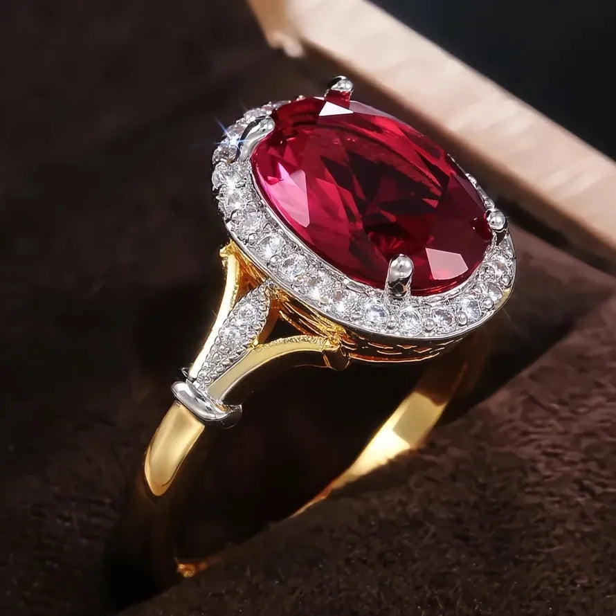 Elegant Women’s Wedding Party Oval Red CZ Two-Tone Brass Ring Gift