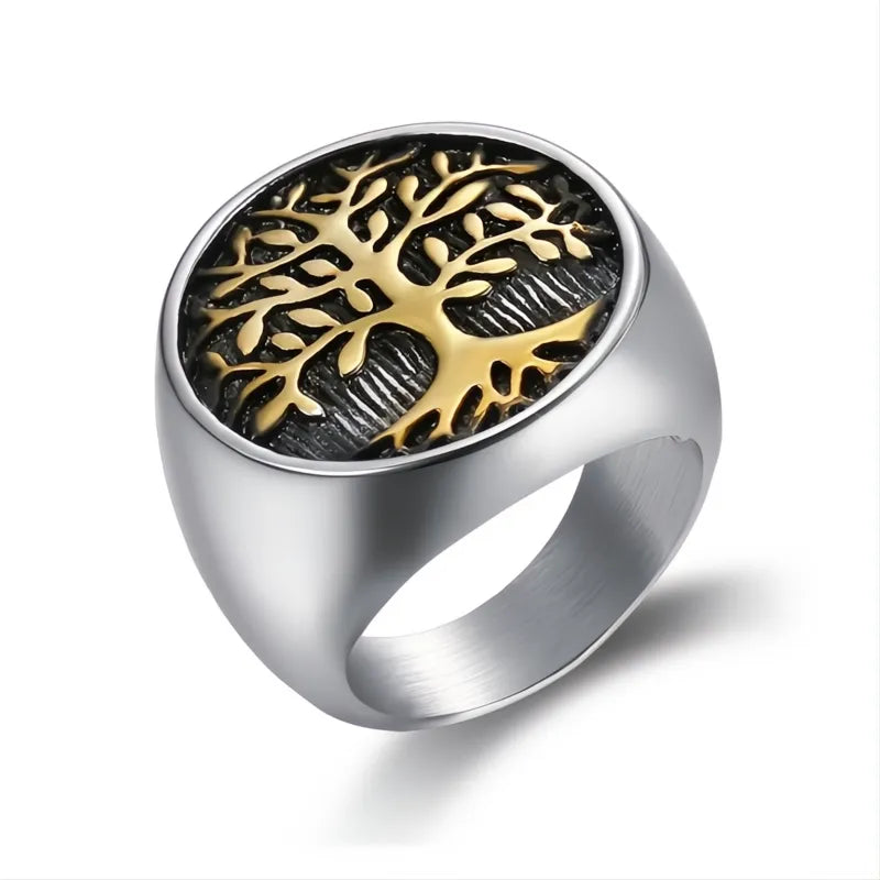 Classic Tree of Life Viking Signet Ring 316L Stainless Steel Gold Silver Men US 7-15