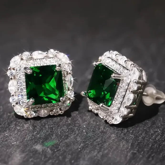 Vintage Green Geometric CZ Stud Earrings Luxury Party Gift for Women