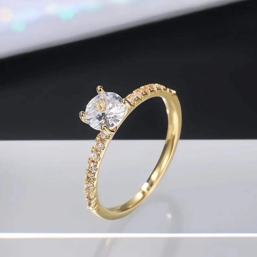 Classic 4 Claws Round Cubic Zirconia Women’s Wedding Engagement Ring Brass Bridal Jewelry 3 Colors