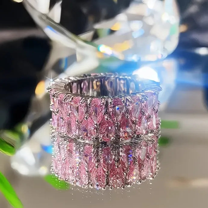 2021 Trendy Women's Silver Wedding Band Blue Green Pink CZ Geometric Ring