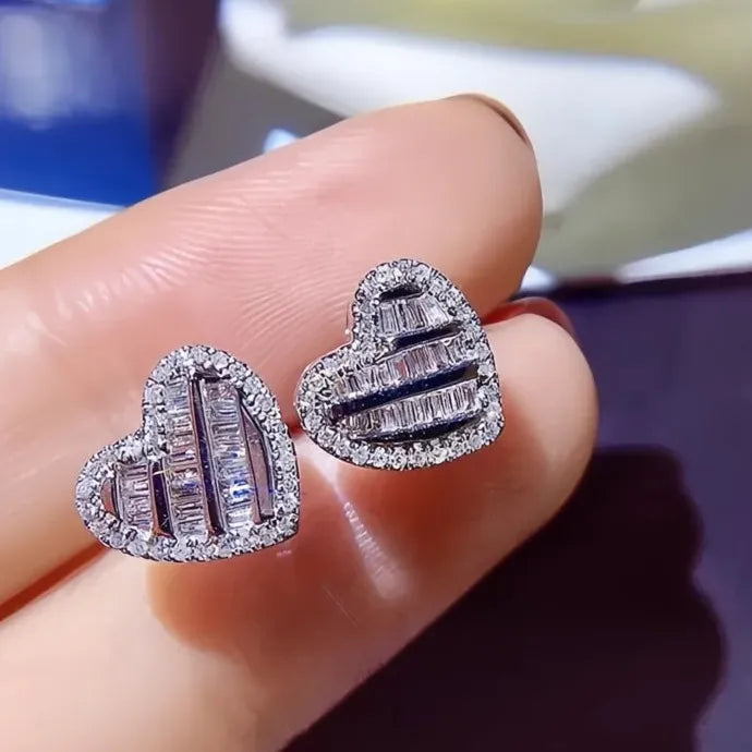 Heart Shiny CZ Stud Earrings Women Bridal Wedding Copper Jewelry Gift
