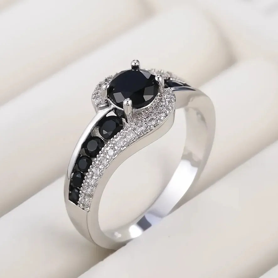 Black Stone Women Wedding Ring Dazzling Crystal Zircon Brass Delicate Classic Jewelry Gift