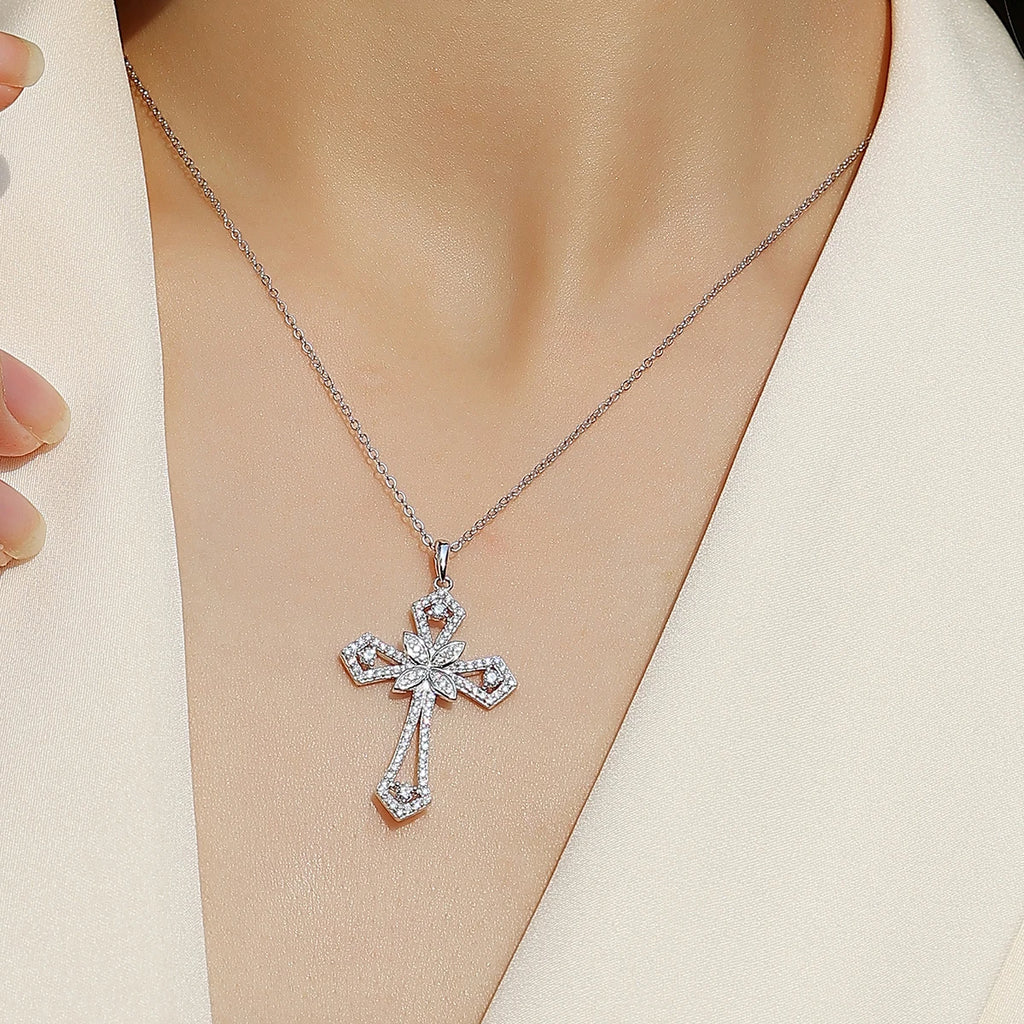 Moissanite Cross Pendant Necklace S925 Silver 18K Gold Plated Jewelry Women