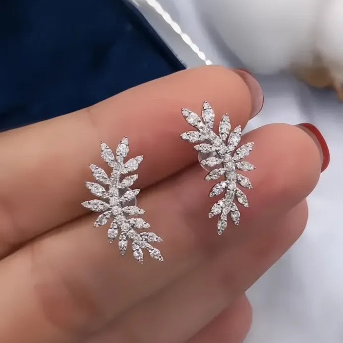 Silver Leaf Geometric Stud Earrings with White CZ Stone for Women