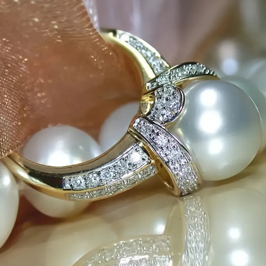 Elegant Gold Imitation Pearl Wedding Ring with Shiny CZ Cubic Zirconia for Women