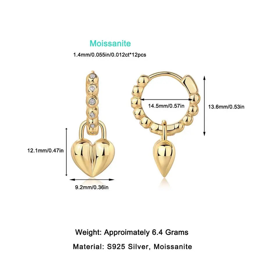 Heart-Shaped Moissanite Stud Earrings for Women 925 Sterling Silver Gold Plated Jewelry