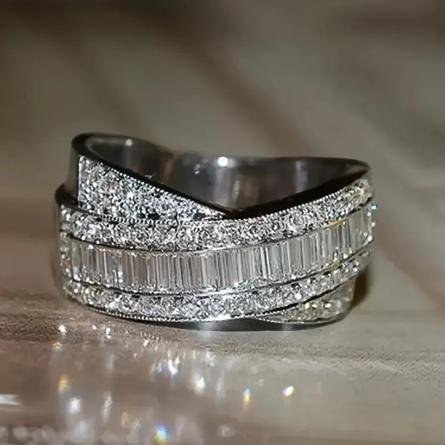 Square Cubic Zirconia Cross Ring for Women Bridal Wedding Jewelry