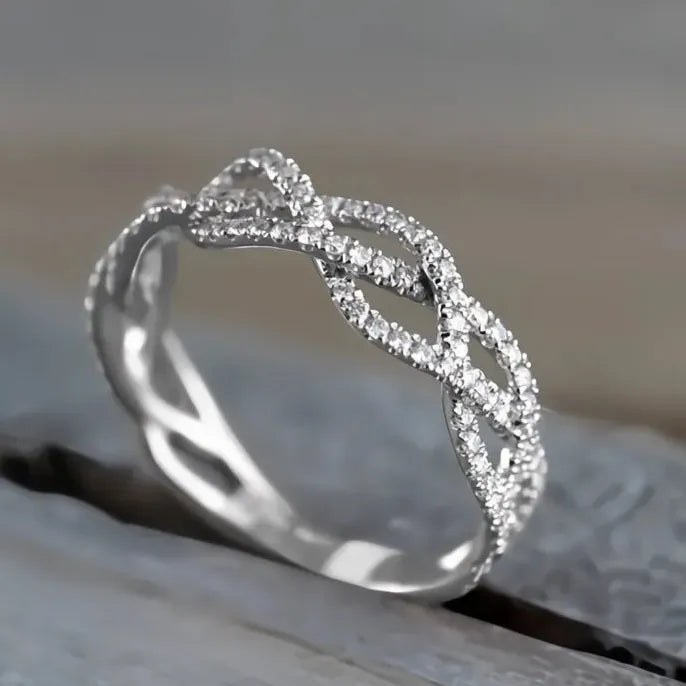 Women's Brass Geometric Twist CZ Cubic Zirconia Wedding Band Ring