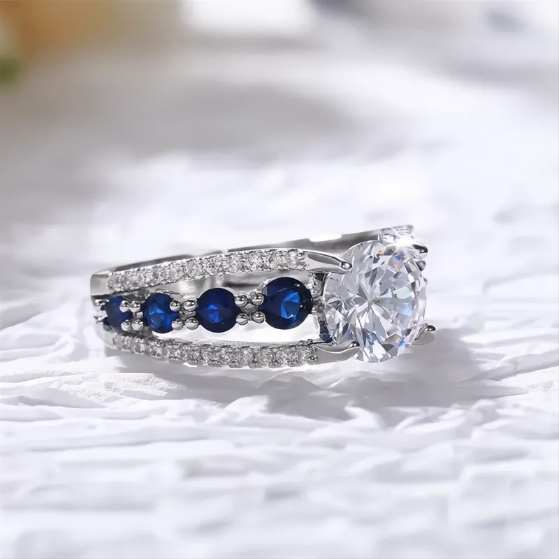 Special-interest Wedding Rings for Women Blue White Round CZ Brass Trendy Party Jewelry Gift