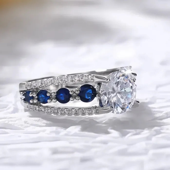 Blue White Round CZ Geometric Wedding Ring for Women Brass Jewelry Gift