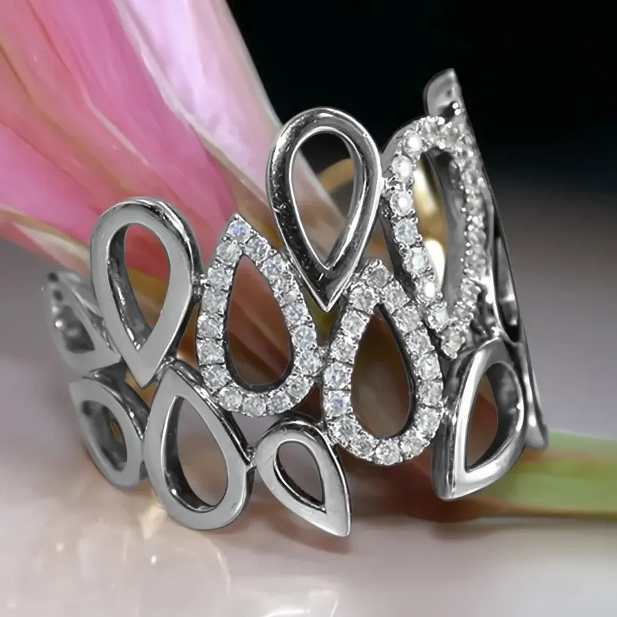 Women’s Water Drop Hollow Linked Silver CZ Ring for Party Wear