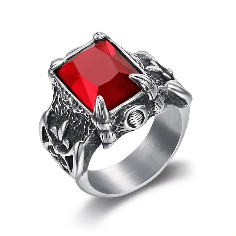 Men's Stainless Steel Viking Dragon Claw Ring with Large Zircon Stone Nordic Axe Punk Biker Jewelry