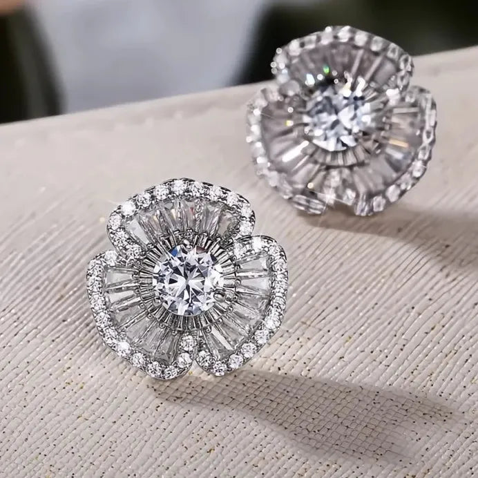 Geometric Cubic Zirconia Petal Stud Earrings Bling Wedding Jewelry