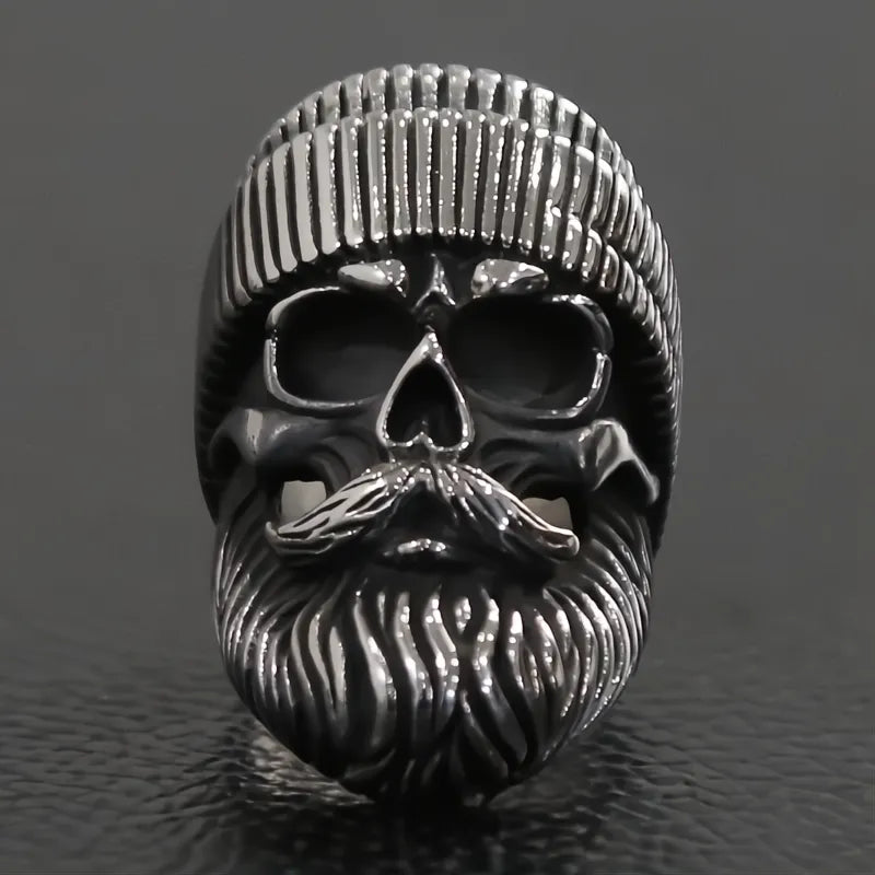 Punk Skull Ring Stainless Steel Men Boys Big Beard Hat Old Man Biker Hip Hop Jewelry Gift
