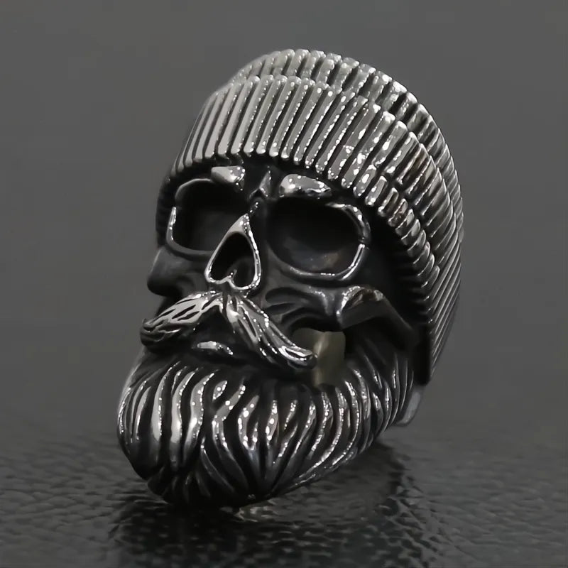 Punk Skull Ring Stainless Steel Men Boys Big Beard Hat Old Man Biker Hip Hop Jewelry Gift