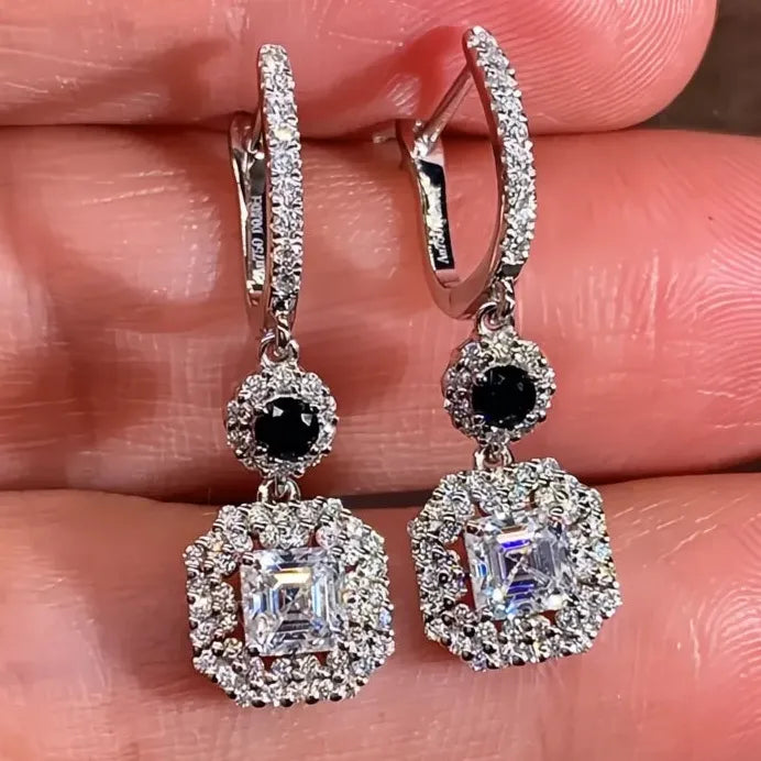 Geometric Drop Earrings for Women with Cubic Zirconia Black White