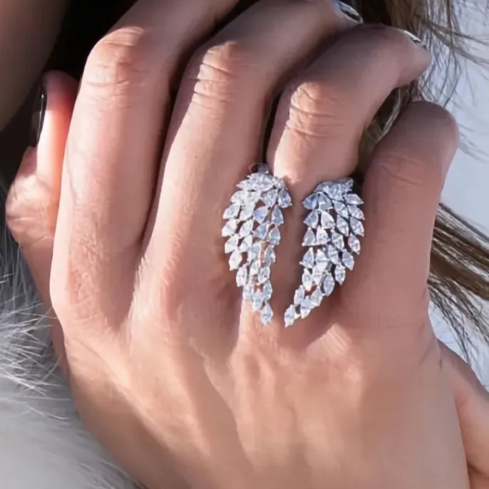 Bling Bling Wing Feather Adjustable Ring for Women Party Fashion Jewelry Cubic Zirconia Brass