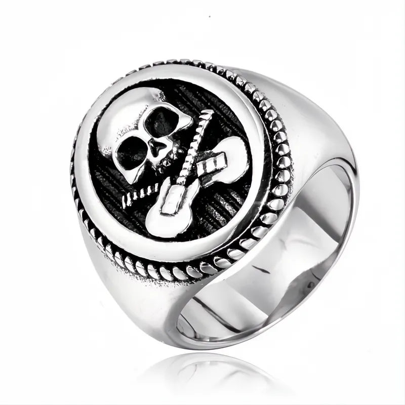 316L Stainless Steel Guitar Skull Ring Men Punk Rock Biker Signet Gold Silver Gift