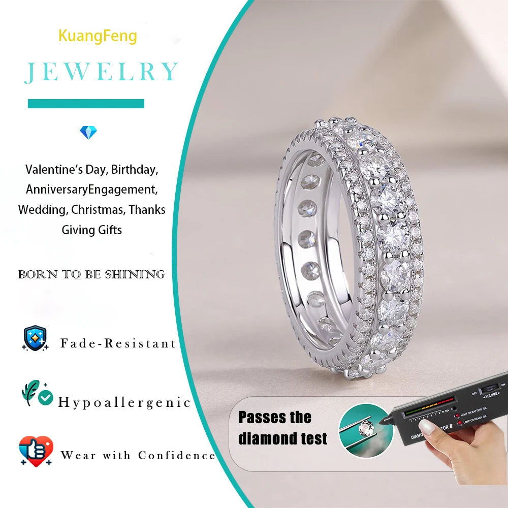 2.572CTW Moissanite Full Eternity Ring 925 Sterling Silver 18K Gold Plated Wedding Band 3 Row