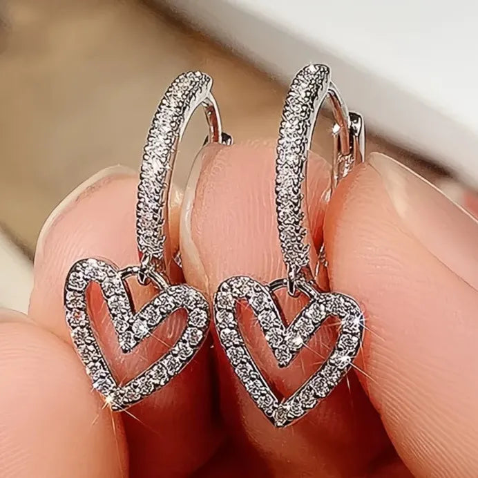 Heart Dangle Earrings with Shiny CZ Stone Korean Fashion Jewelry for Women