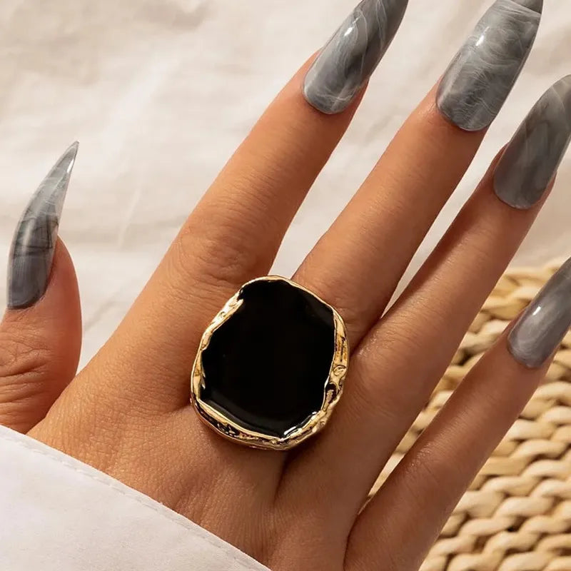 Bohemian Gothic Stainless Steel Large Black Stone Statement Ring for Women