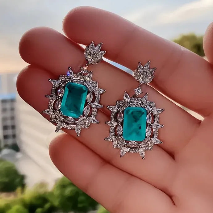 Green Geometric Copper Alloy CZ Dangle Earrings Cubic Zirconia Jewelry
