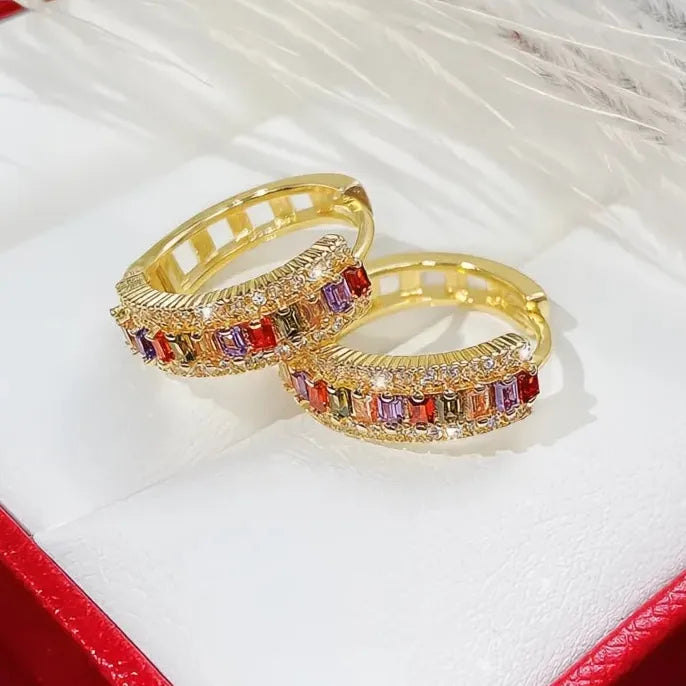Luxury Rainbow Rectangular Cubic Zirconia Copper Alloy Hoop Earrings