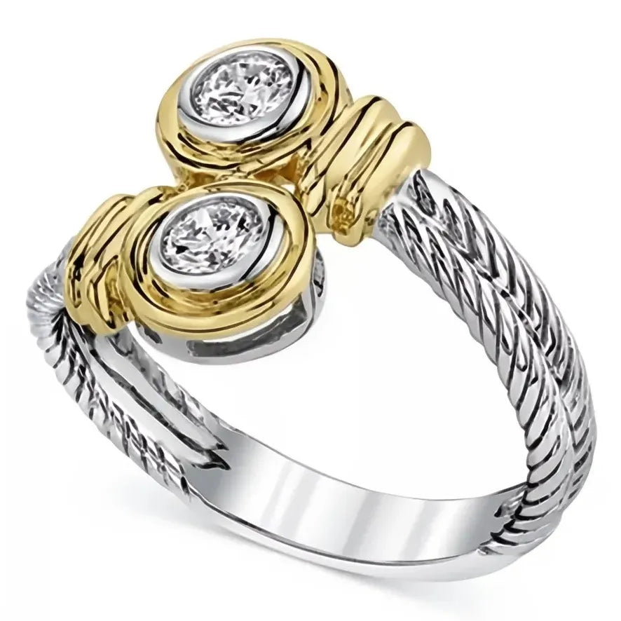 Two Tone Brass Women's Geometric Cubic Zirconia Wedding Band Ring Gift