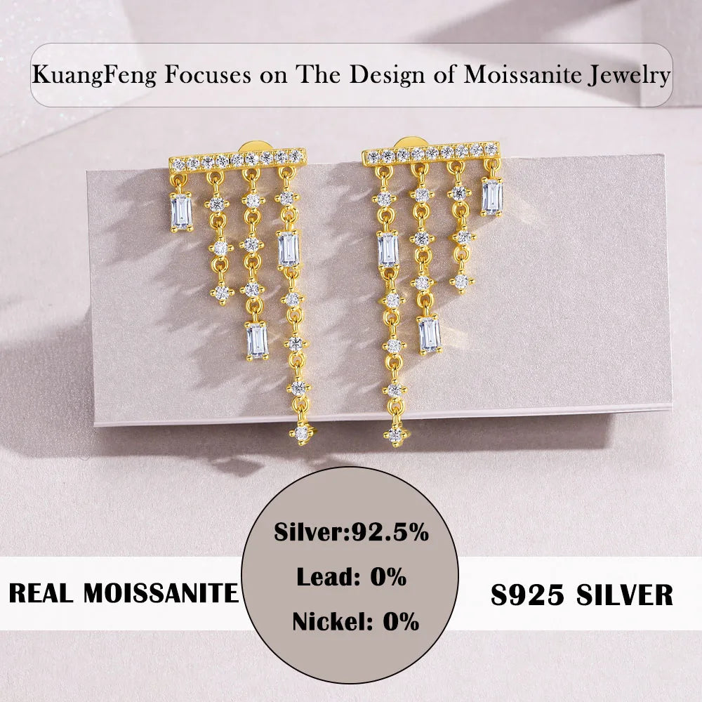 1.302CTW Moissanite Tassel Stud Earrings 925 Sterling Silver 18K Gold Plated Jewelry