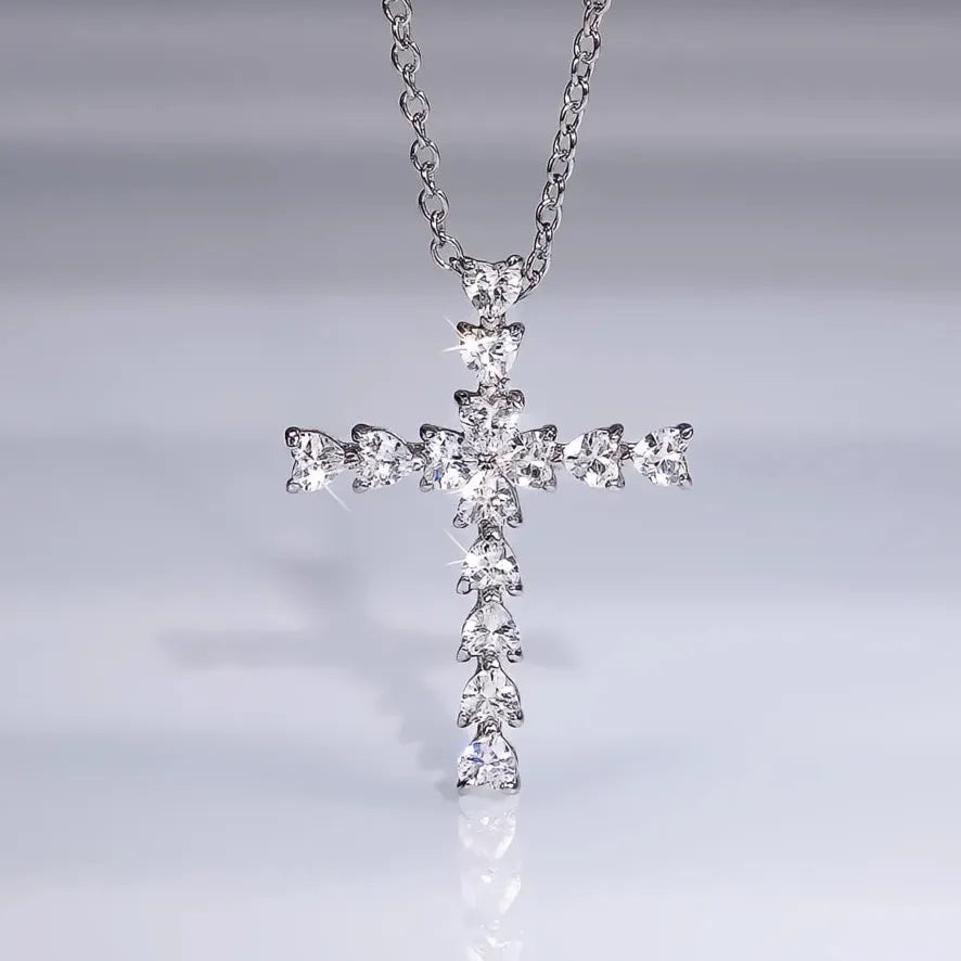 Copper Alloy Crystal Heart Cross Pendant Necklace with CZ for Women Gift