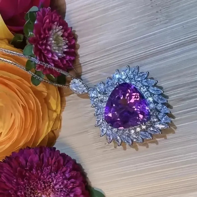 Elegant Purple CZ Heart Pendant Necklace for Women Party Jewelry Gift