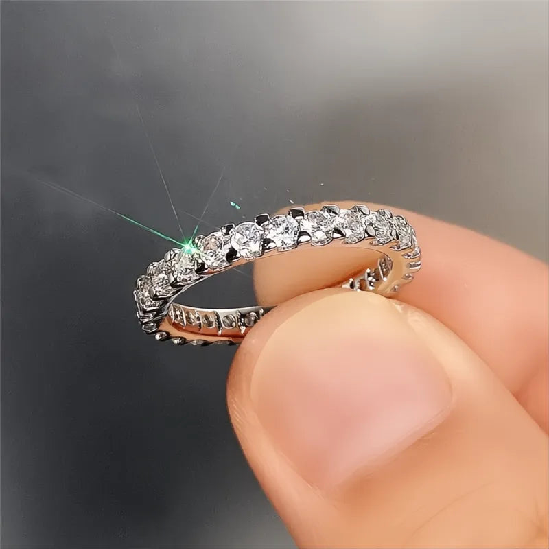 Trendy Thin Silver Color Band Ring with Shiny Cubic Zirconia for Women Daily Wear
