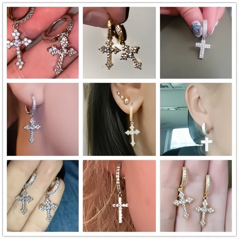 Stylish Arrow Cross Drop Earrings Unisex Cubic Zirconia Crystal Hiphop Fashion Jewelry
