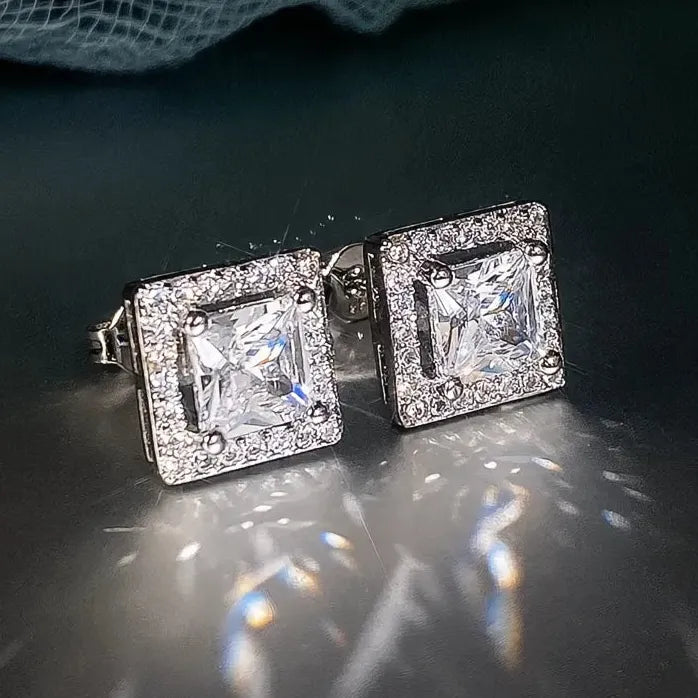 Vintage Geometric Princess Cut CZ Stud Earrings Silver Copper Alloy Women
